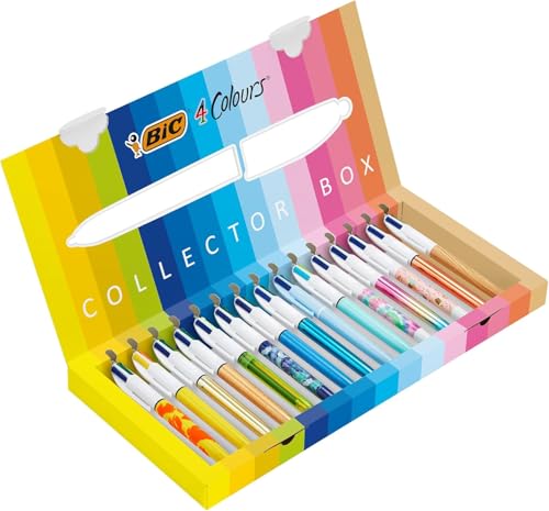 BIC 4 Colours Sonderedition mit 15 Kugelschreibern mit mittlerer Spitze (1,00 mm) und breiter Spitze (1,6 mm) – verschiedene Minenfarben, Box à 15