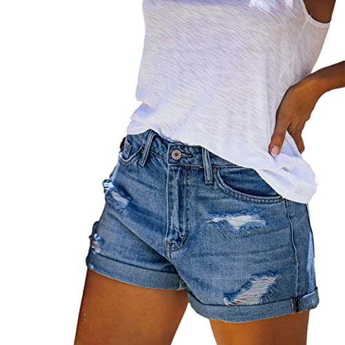 Lambo Shorts für Damen Denim,Jeansshorts für Damen | Hochelastische, zerrissene Denim-Shorts mit gefaltetem Saum,Blaue Jeansshorts für Damen, Sommershorts für den täglichen Gebrauch