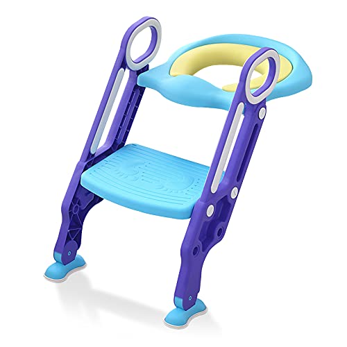 HENGMEI Toilettensitz Kinder Toilettentrainer mit Treppe, Klappbarer Töpfchentrainer Toiletten Trainingssitz, Höhenverstellbar 38-42 cm Klositz für Kinder von 1-7 Jahren, Blau und Lila