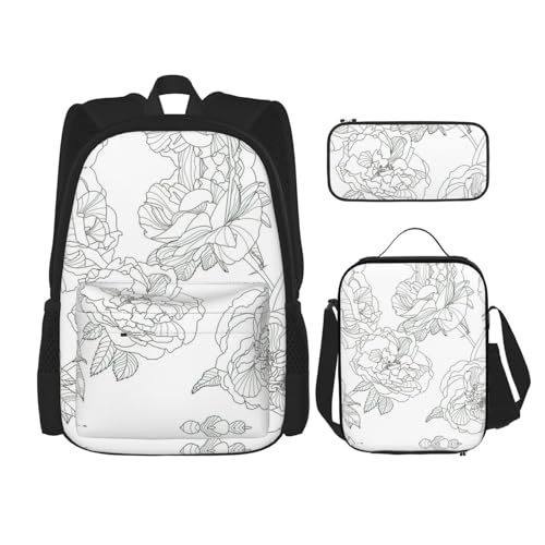 WURTON Line Floral Rose Blumen Design Druck Verstellbare Schultergurte Rucksack Set Mittagessen Tasche Federmäppchen Kombination Taschen Set