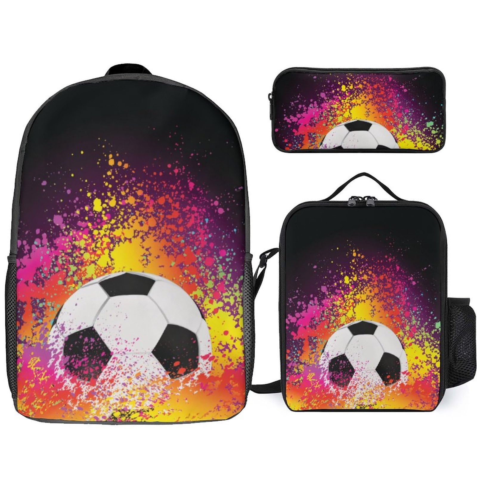 3D-Fußball-Rucksack-Set für Jungen und Teenager, 3-teiliges Sport-Fußball-Rucksack-Set mit niedlichem Federmäppchen, isolierte Brotdose für Kinder, Schulranzen-Set (Bookbag3,17inx12.6inx5.5in)
