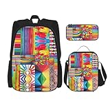 WURTON Farbenfroher Collage-Druck, trendige Rucksacktaschen, Lunchbox und Federmäppchen, 3-in-1, verstellbares Rucksack-Set, Schwarz , Einheitsgröße