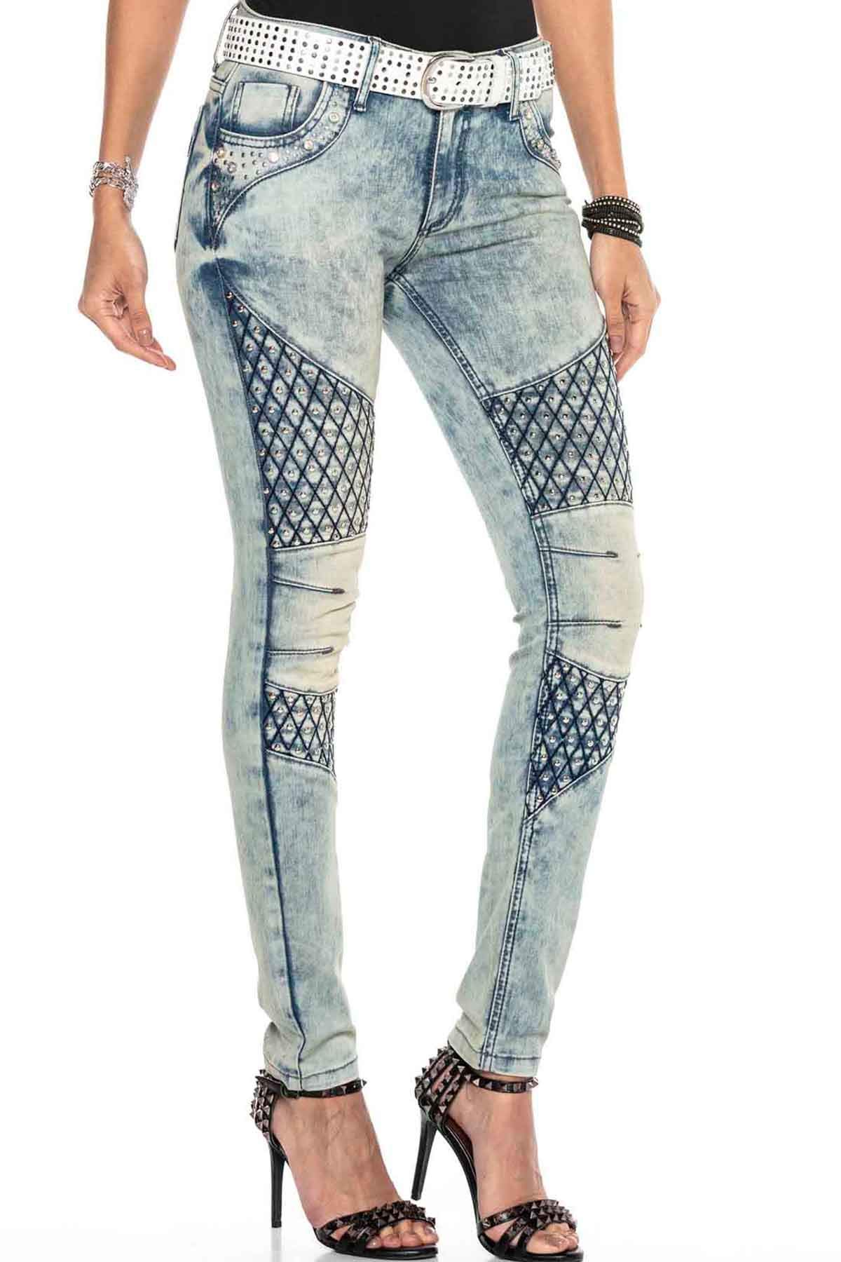 Cipo & Baxx Damen Jeanshose Denim Slim Fit Applikationen Design Denim Pants Jeans Hose WD410 Blau W32 L34