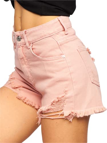 BOLF Damen Kurze Denim Shorts High Waist Zerrissenes Ripped Jeansshorts Bermuda Sommer Hotpants Distressed Freizeit Stretch Relaxed A63 Rosa XS [G7G]