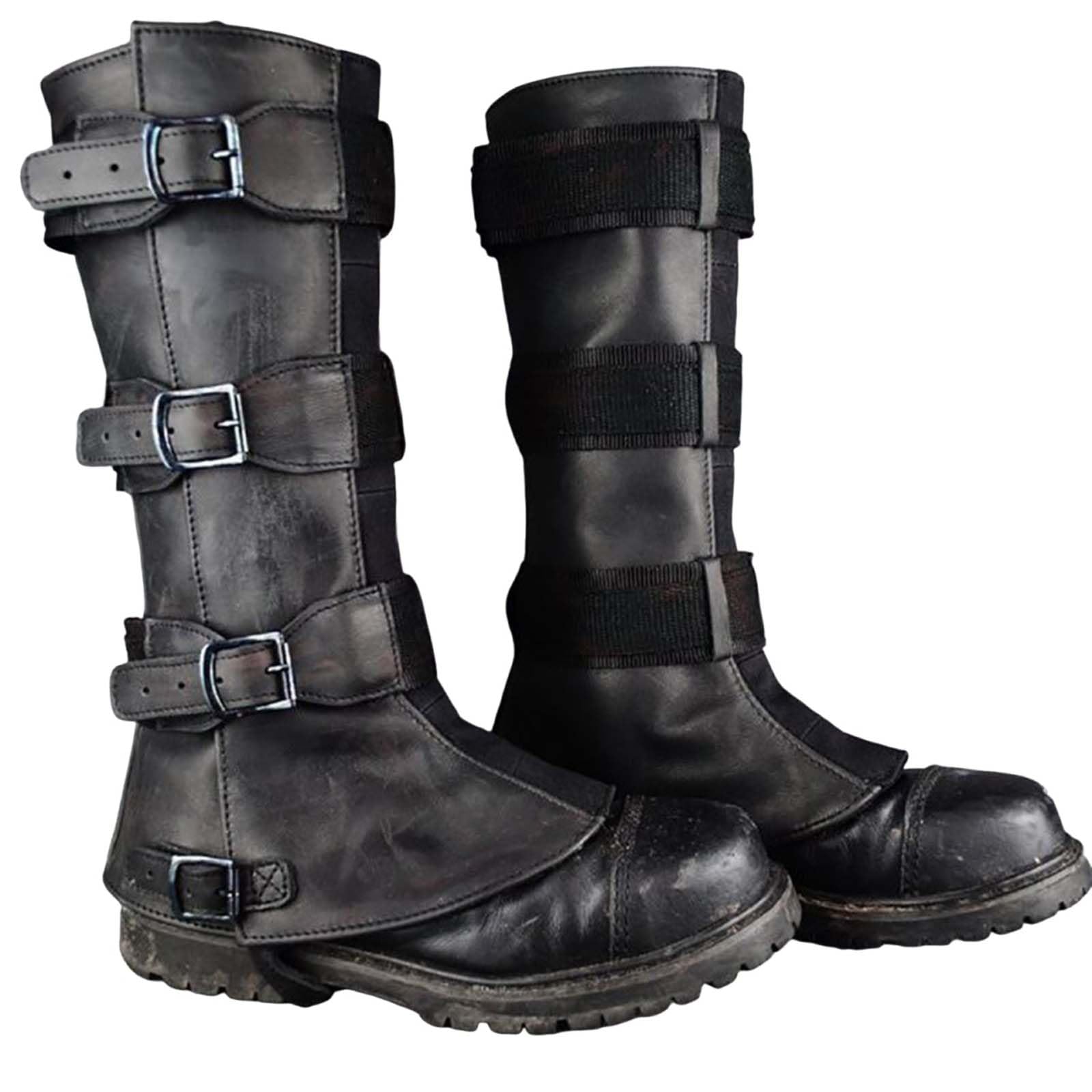 MDFCZXP Mittelalter Beinschienen Stiefel Schuhe Abdeckung Leder Beinrüstung Wikinger Krieger Ritter Kostüm,Schwarz,30cm