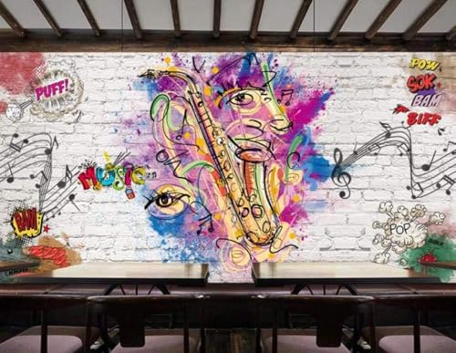 White Brick Wall Graffiti Musik 3D Tapete Poster Restaurant Schlafzimmer Wohnzimmer Sofa TV Dekorative Wand-150cm×105cm