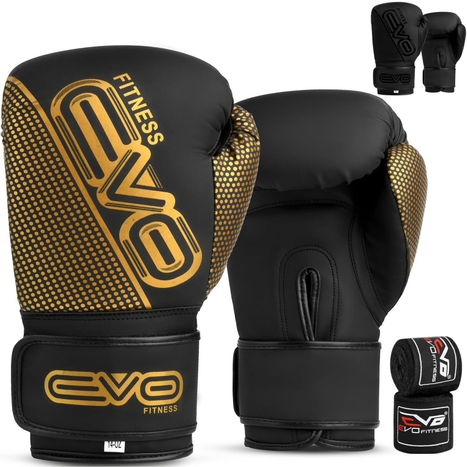 EVO Maya Hide Pro Gel-Boxhandschuhe aus Leder für MMA Boxsack, Sparring, Muay Thai, Kickboxen, Kampftraining, Handschuhe mit gratis Boxhandbandagen (Schwarz/Gold, 14 OZ)