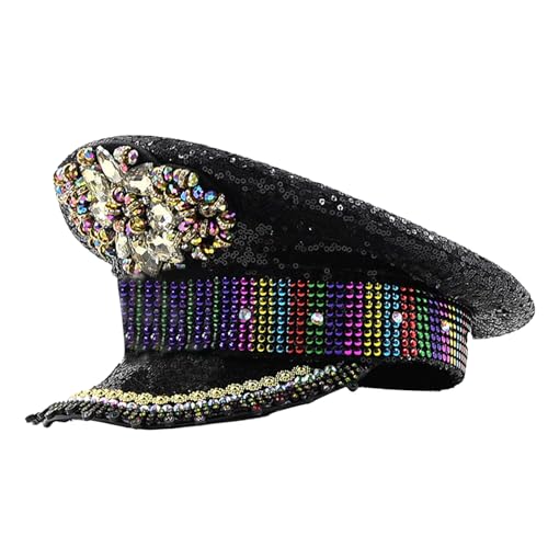 MEELYHOME Bunter Hut für Braut, Cosplay, Blingbling Pailletten, Hut, Bühnenauftritte, Requisiten, Militärhut, Cosplay, Kostüm, Hut für Damen