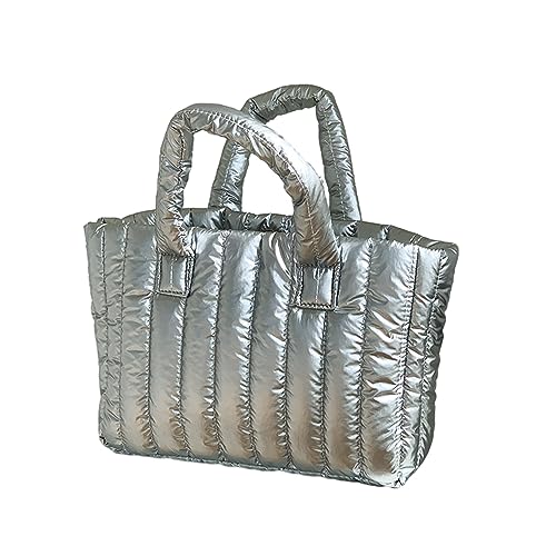 ohodhmnu Damen Tragetasche, Winter Damentasche Weiche Nylon Handtaschen Baumwolle Pad Stitching Geldbörsen Taschen Koreanische Leichte Damentasche, silber, with ribbon