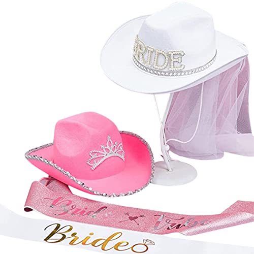 LARUISEE Cowboyhut für die Braut, mit Schleier, breiter Krempe, Cowgirl-Hut und Schärpe, Set für Hochzeit, Party, Junggesellinnenabschied, Hut für Brautparty, Cowgirl-Hut mit Schleier, Cowgirl-Hut für