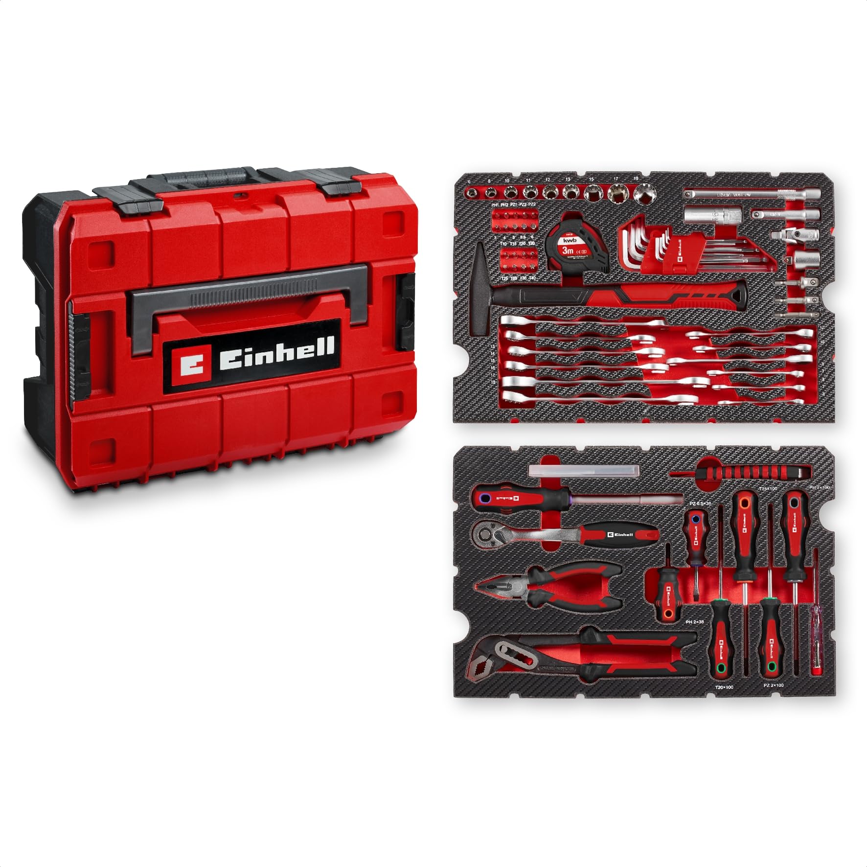 Original Einhell E-CASE 80-tlg. Werkzeugkoffer (Werkzeug-Set im robusten, stapelbaren Kunststoffkoffer als ideale Grundausstattung für den Haushalt, die Werkstatt oder unterwegs)