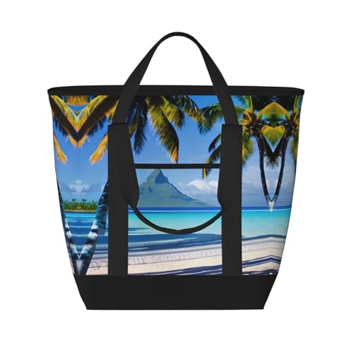 YQxwJL Isolierte Kühltasche mit Tahiti-Strandaufdruck, großes Fassungsvermögen, Einkaufstasche, Reisetasche, Strand, wiederverwendbare Einkaufstasche für Erwachsene, Schwarz, Einheitsgröße