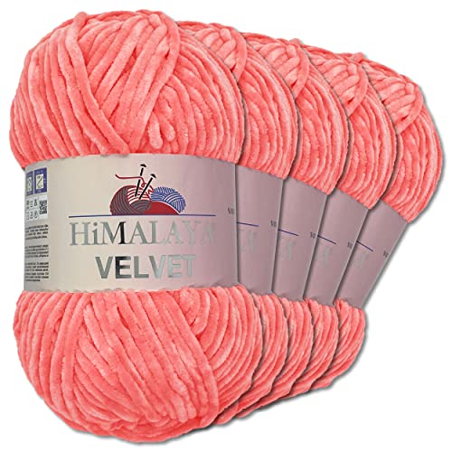 Frida's Wollhaus Himalaya 5 x 100 g Velvet Chenille-Wolle Handarbeit Amigurumi Dolphin 40 Farben (90046 | Lachsrosa)