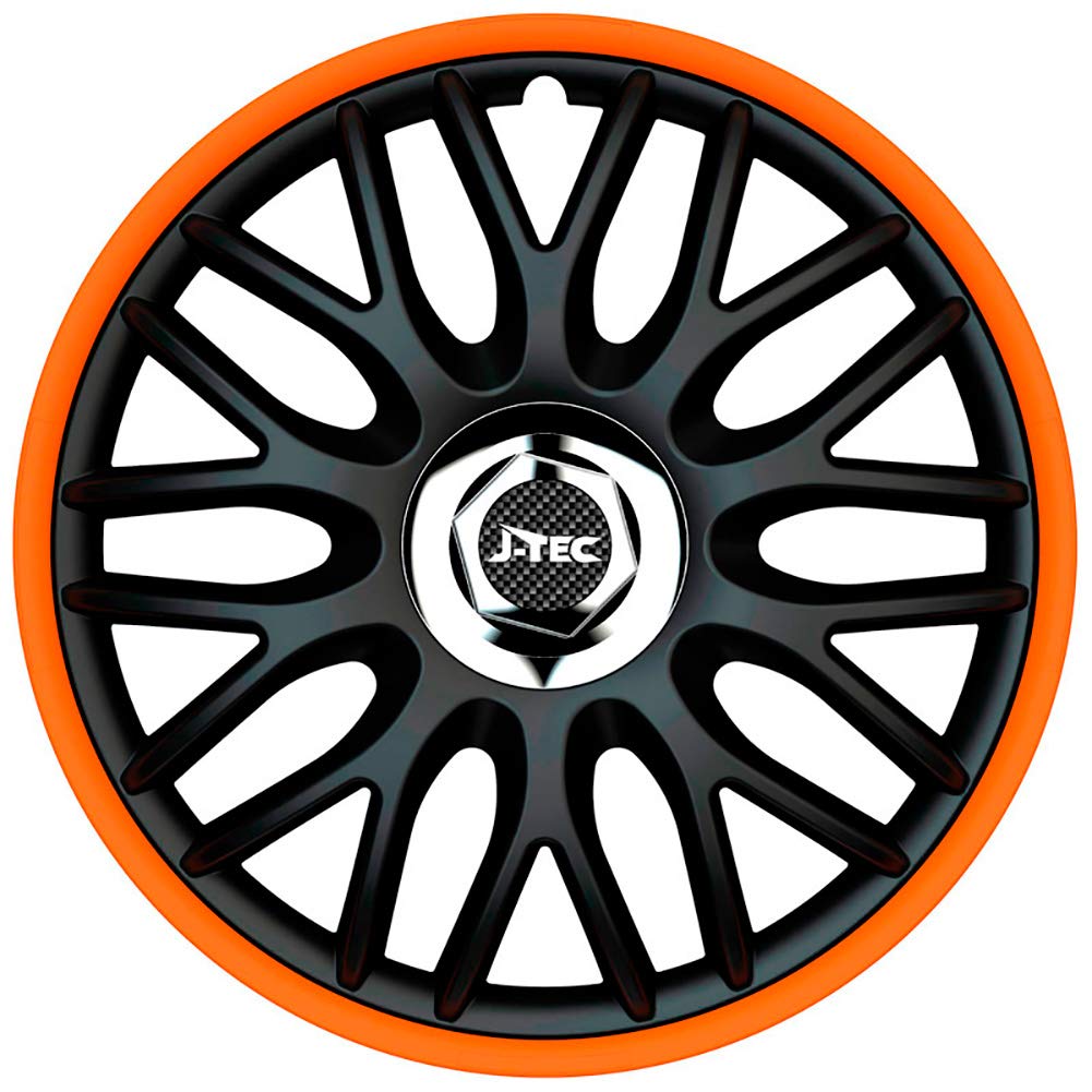 Satz J-Tec Radzierblenden Orden R 15-Zoll Schwarz/Orange + Chrom Ringe