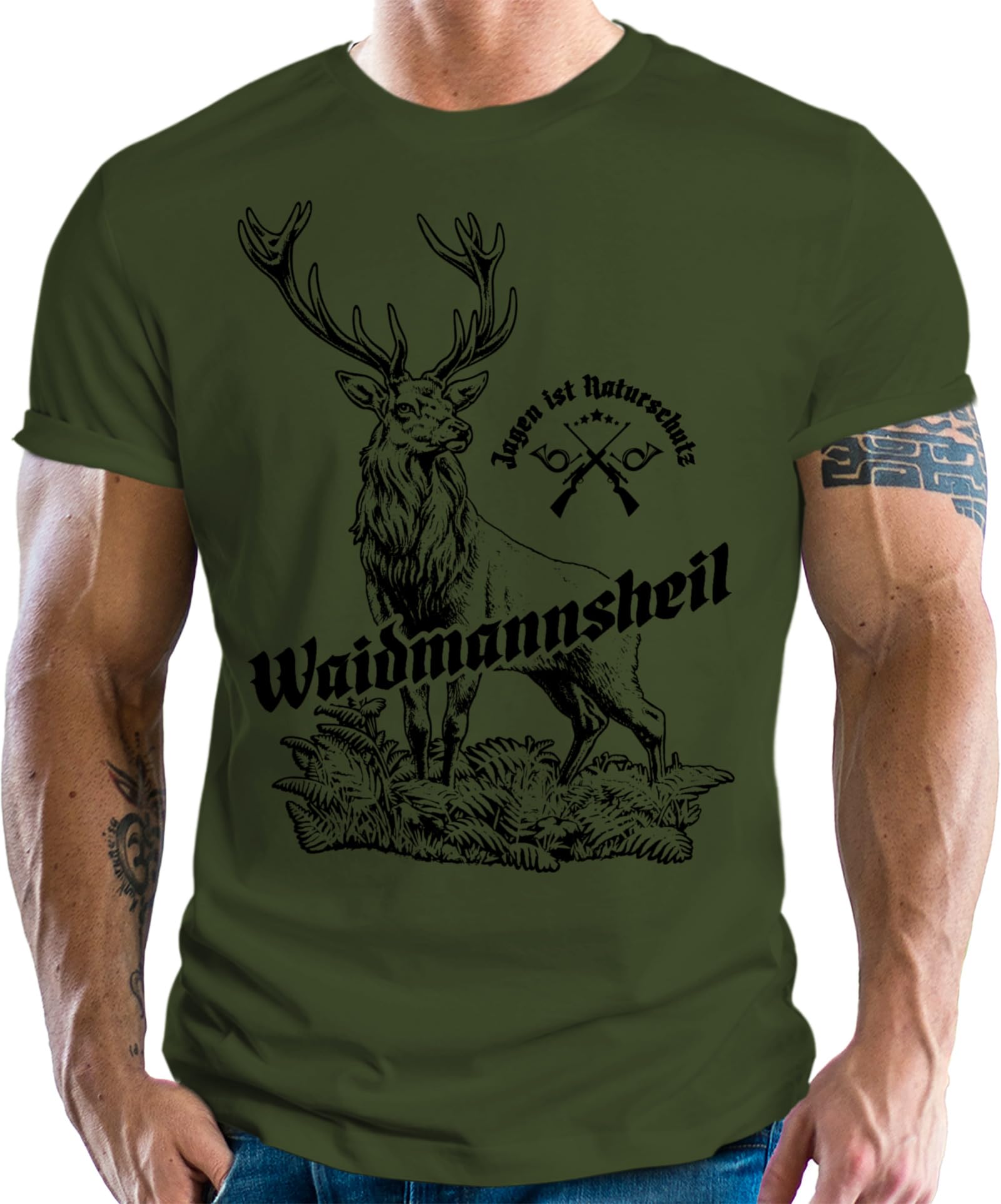 Herren T-Shirt für Jäger: Waidmannsheil - Jagen ist Naturschutz - Oliv 100% Reine Baumwolle