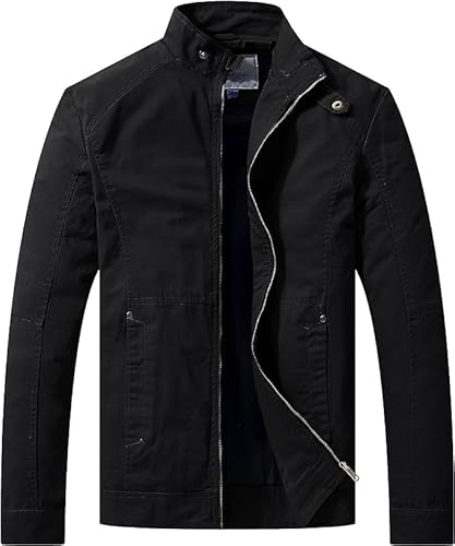 WenVen Herren Leicht Outdoor Jacke Lässige Freizeit Windjacke Reißverschluss Windbreaker Mantel Military Baumwolle Jacken Schwarz L