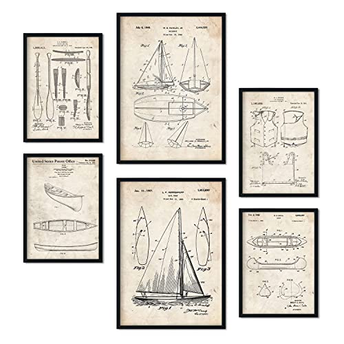 Nacnic Set von 6 Plakaten mit Boot Patenten. Plakate mit Retro-Patentabbildungen. Inneneinrichtung im Vintage-Stil. Grösse A4 und A3. Ohne Rahmen.