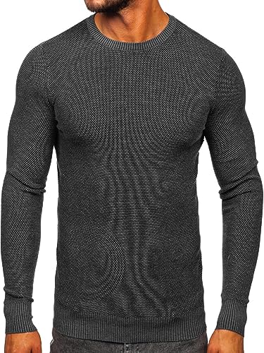 BOLF Herren Jumper Sweatshirt Pullover Sweater Pulli Stehkragen Crew Neck Langarmshirt Longsleeve Wärme Basic Einfarbig Casual Style W2-20124 Anthrazit L [5E5]