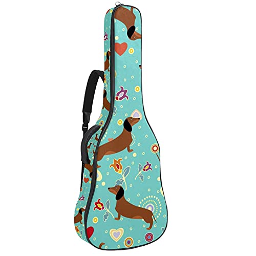 Gitarrentasche Schutz- und Transporttasche für akustische und klassische Gitarren wasserfest und gepolstert Dackel auf türkisfarbenem Blumenmuster 108.9x42.9x11.9 cm