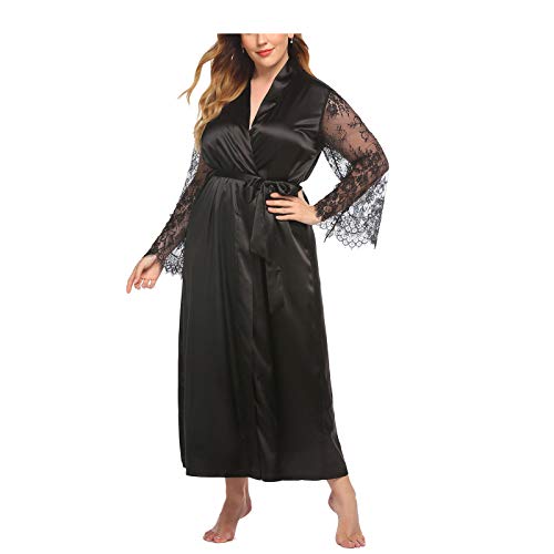 Damen Oversized Roben Morgenmantel Seide Robe V-Ausschnitt Kimono Lose Nachtwäsche Print Bademantel Nachtwäsche Damen Morgenmantel Schwarz-XL