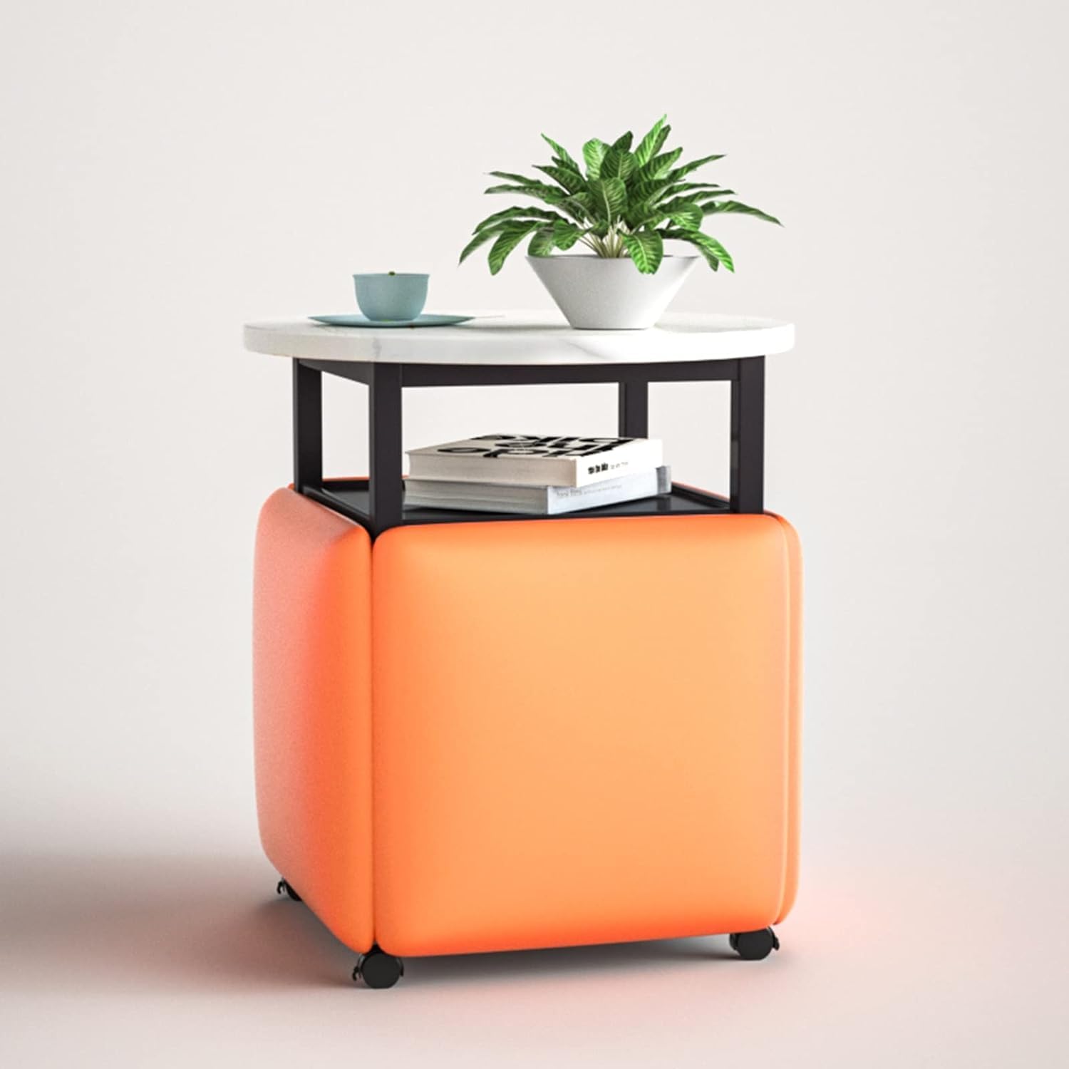 5-in-1-Sitzwürfel mit Lenkrollen und Couchtisch – perfekt für Wohnzimmer und Heimbüro – stapelbarer Sofa-Stuhl-Hocker, stapelbarer Ottoman-Hocker, beweglich, orange rund, weißer Schreibtisch