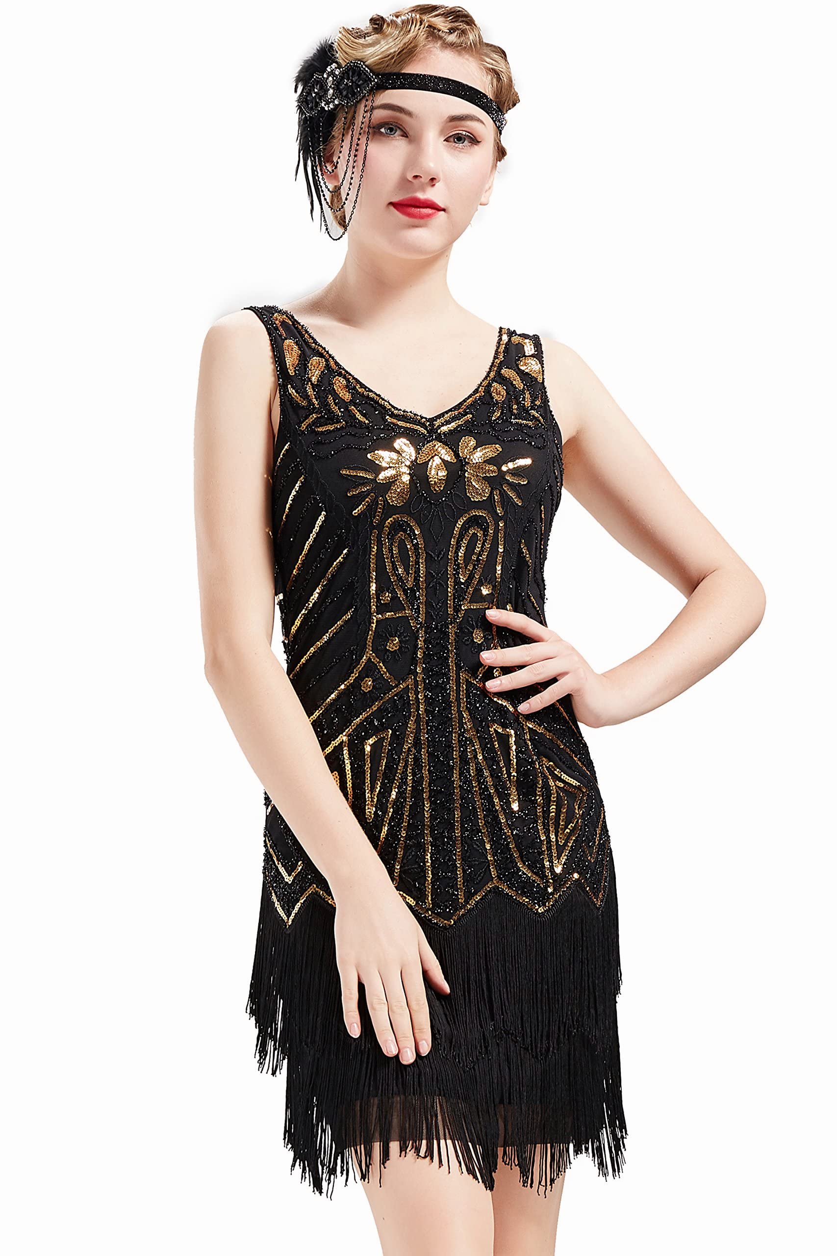 BABEYOND Damen Retro 1920er Stil Flapper Kleider mit Zwei Schichten Troddel V Ausschnitt Great Gatsby Motto Party Kostüm Kleider- Gr. M (Fits 78-88 cm Waist & 96-106 cm Hips), Gold Schwarz