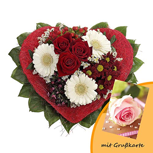 Dominik Blumen und Pflanzen, Blumenstrauß "Allerliebst" mit Rosen, Gerbera und Bartnelke und Grußkarte "Rosen"