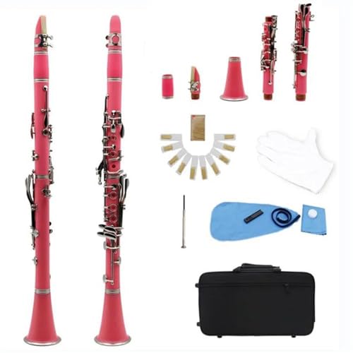 Professionelles Bb-Klarinetteninstrumentenset mit 17 Tasten für Anfänger (weiße Handschuhe/Tuch/Blätter/usw.) (Color : Pink)