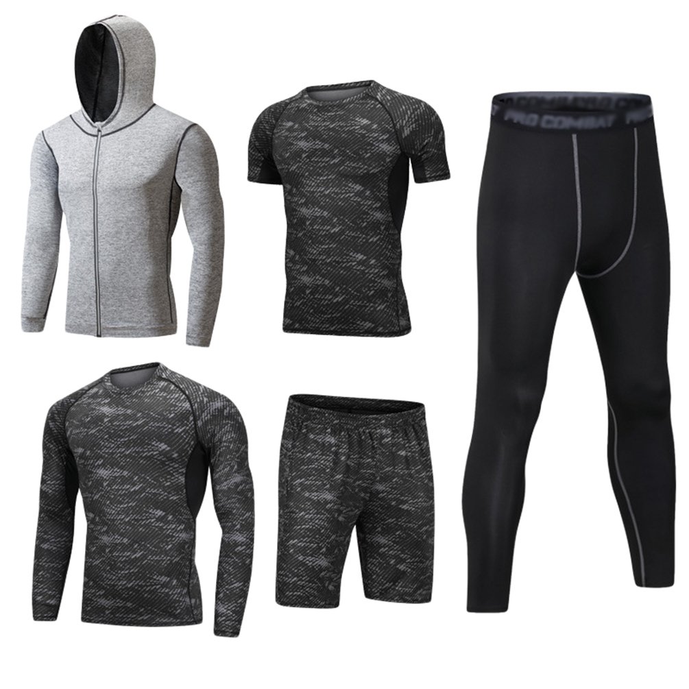 Dooxi Herren 5 Stücke Sport Anzug Schnell Trocken Joggen Kleidung Strumpfhosen Laufanzüge Kompression Shirt Gym Training Lauf Trainingsanzüge L