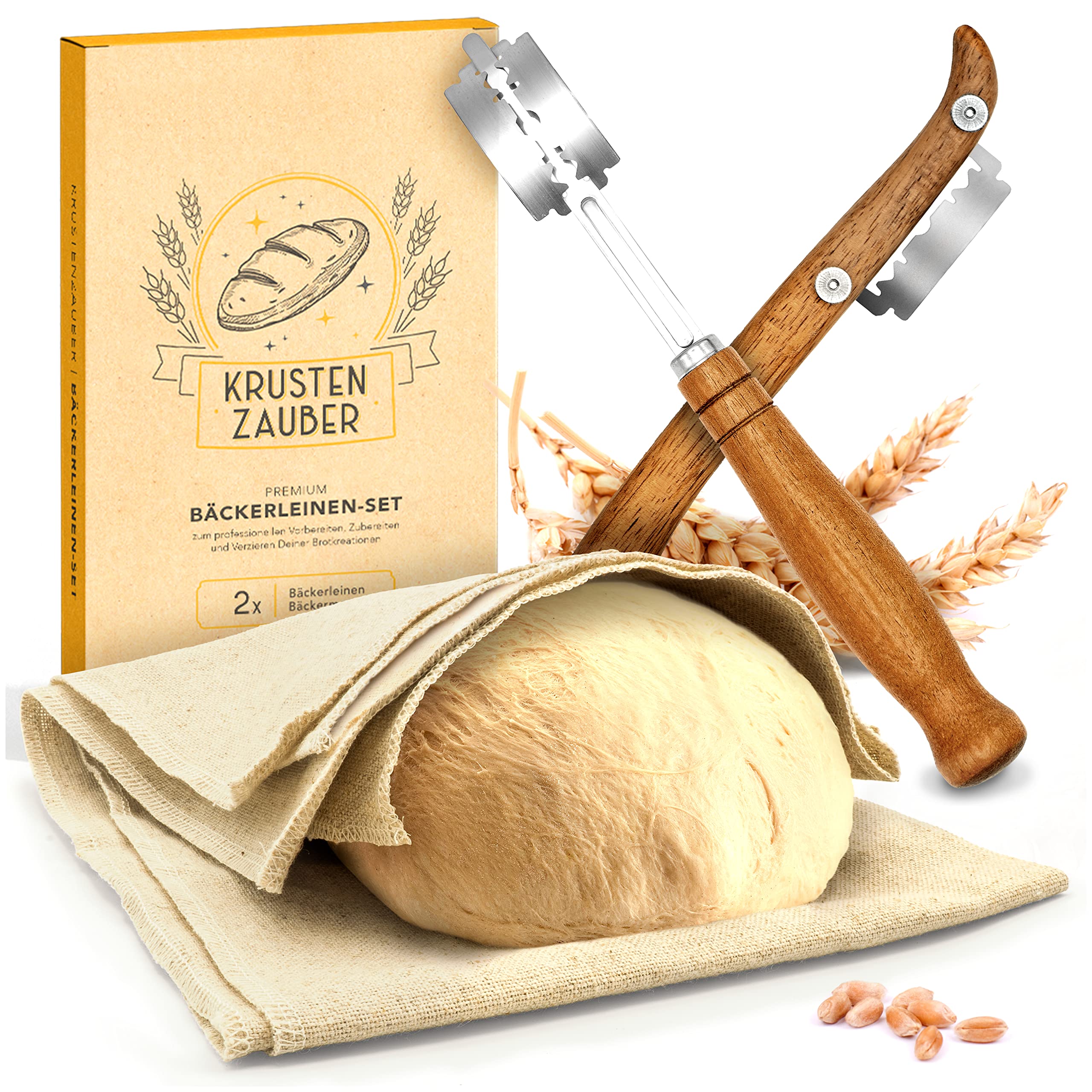 KRUSTENZAUBER Bäckerleinen und Bäckermesser Set - 2x Leinentuch 75x45cm + 2x Teigmesser - Brot Backen Zubehör, Teigschneider, Brotmesser, Gärfolie, Teigtuch, Sauerteig Starter , Brotklinge