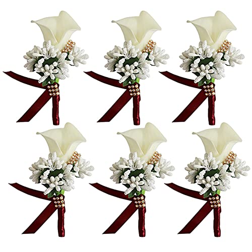 Armband Hochzeitsblumen, Brautjungfern -Armbandband, 6pcs Hochzeit Boutonniere Blume, Blume Revers Pin Boutonniere Corsage Accessoire Girls Männer künstliche Rosencors for Braut Bräutigam (Color : Wh