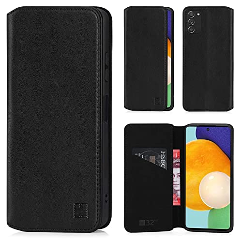 32nd Klassische Series 2.0 - Lederhülle Case Cover für Samsung Galaxy A03S (2021), Echtleder Hülle Entwurf gemacht Mit Kartensteckplatz, Magnetisch und Standfuß - Schwarz