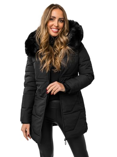 BOLF Damen Winterjacke Parka Gefüttert mit Kunstfell Kapuze Wintermantel Lange Steppjacke Daunenjacke Puffermantel Sportjacke Warm Gefüttert Freizeit Outdoor Casual Style 16M9099 Schwarz XL [D4D]