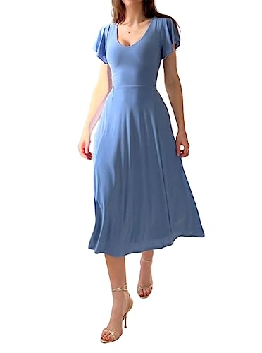 2023 Neues Elegantes Wendekleid,Elegantes Wendekleid für Damen,Rüschenärmel,A-Linie,ausgestelltes Cocktail-Partykleid (Blue-B,S)