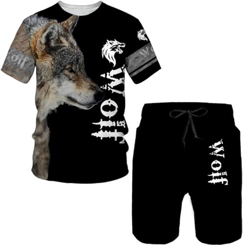 RIAAJ Herren wolf T-Shirt Short Hosen 3D Animal Herren T-Shirt Shorts Set Street Casual Trainingsanzug Sportanzug (A5,L)