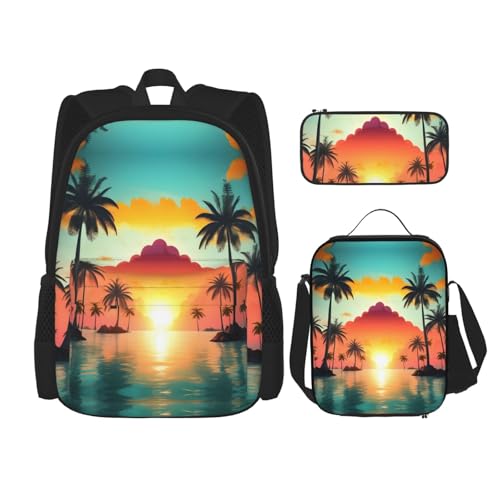 WURTON Sunrise Tropical Palm Tree Island Print Lunchbox Federmäppchen Rucksack Set 3 Stück Verstellbare Träger Langlebig Leicht, Schwarz, One Size