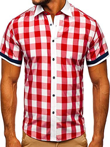 BOLF Herren Hemd Kurzarm Trachtenhemd Karohemd Freizeithemd Slim Fit Kariert Baumwollmischung Sommer Casual Style 8901 Rot XL [2B2]