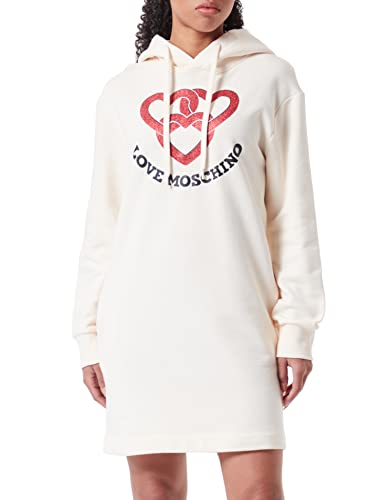 Love Moschino Women's Long-Sleeved Hoodie with Chained Hearts Print Dress, Cream, 42