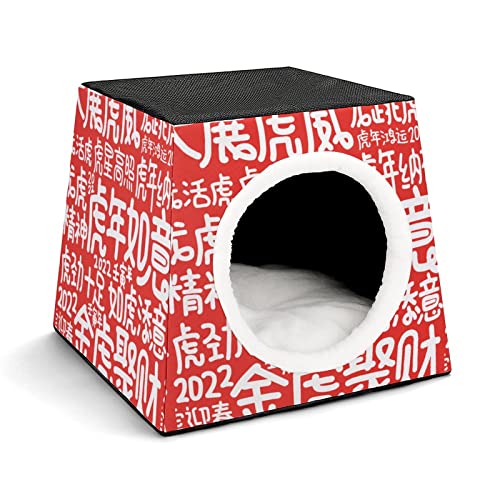 Mode Katzenhöhle für Katzen Hunde Kleintiere Faltbares Katzenhaus Katzenbett Katzensofa mit Flauschiges Kissen Neujahr im chinesischen Stil