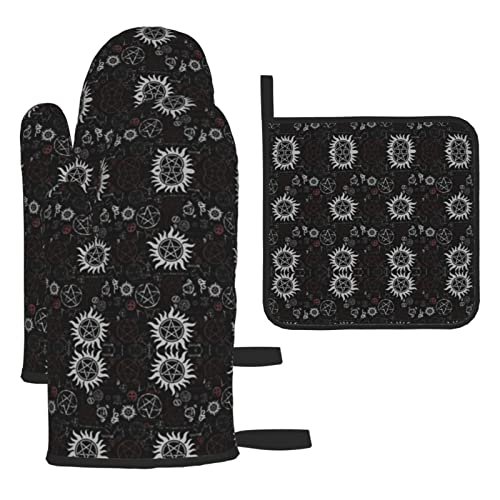 Supernatural Symbols schwarze Ofenhandschuhe und Topflappen-Set: >> hitzebeständig, 3-teiliges Küchen-Set für Küche, Kochen, Backen, hitzebeständig