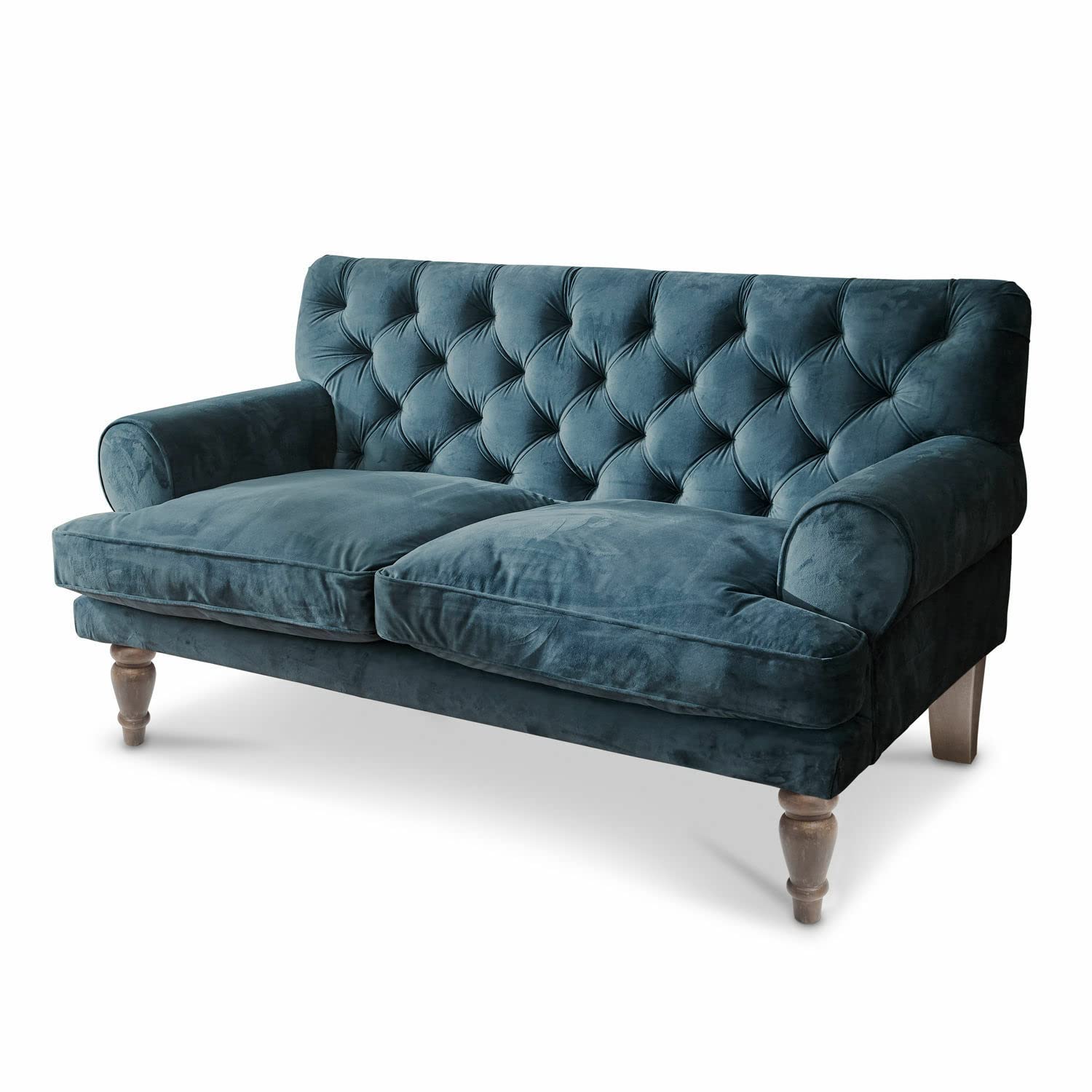 Loberon Sofa Carme, Chesterfield Steppung, weiche Haptik, Elegante Optik, abnehmbare Sitzpolsterbezüge, Sitzmöbel, Mangoholz, Polyestersamt, Polyester, blau