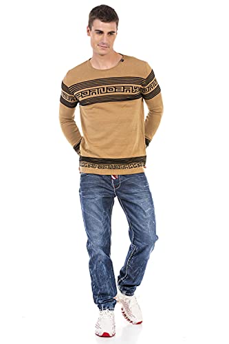 Cipo & Baxx Herren Strickpullover Streifen Muster Strick Rundhals Langarm Pullover CP243 Schwarz S