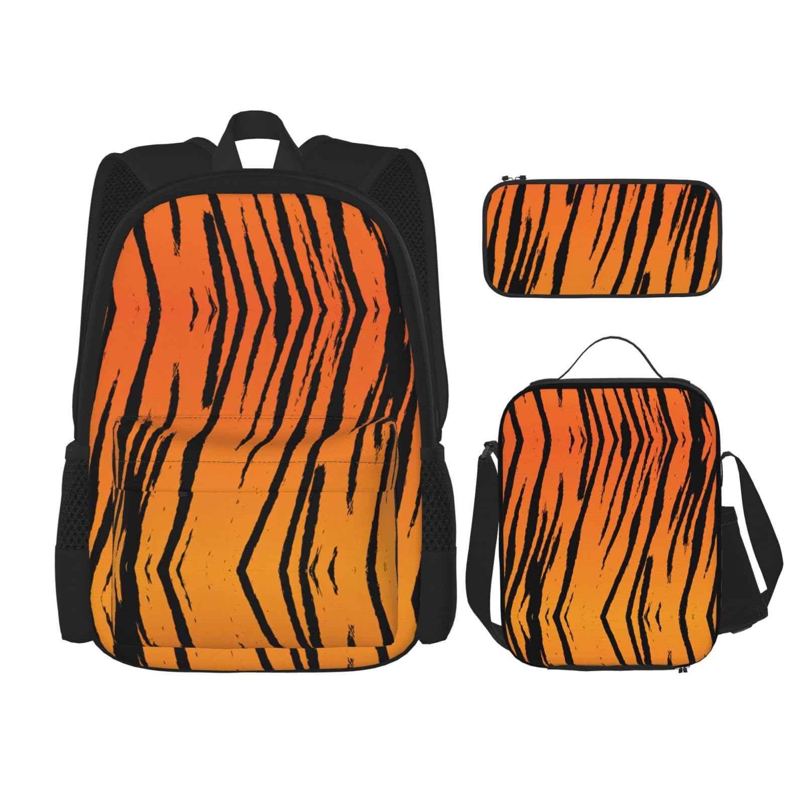 WURTON Lunchbox mit Tigerstreifen-Druck, Federmäppchen, Rucksack-Set, 3-teilig, verstellbare Riemen, langlebig, leicht, Schwarz, One Size