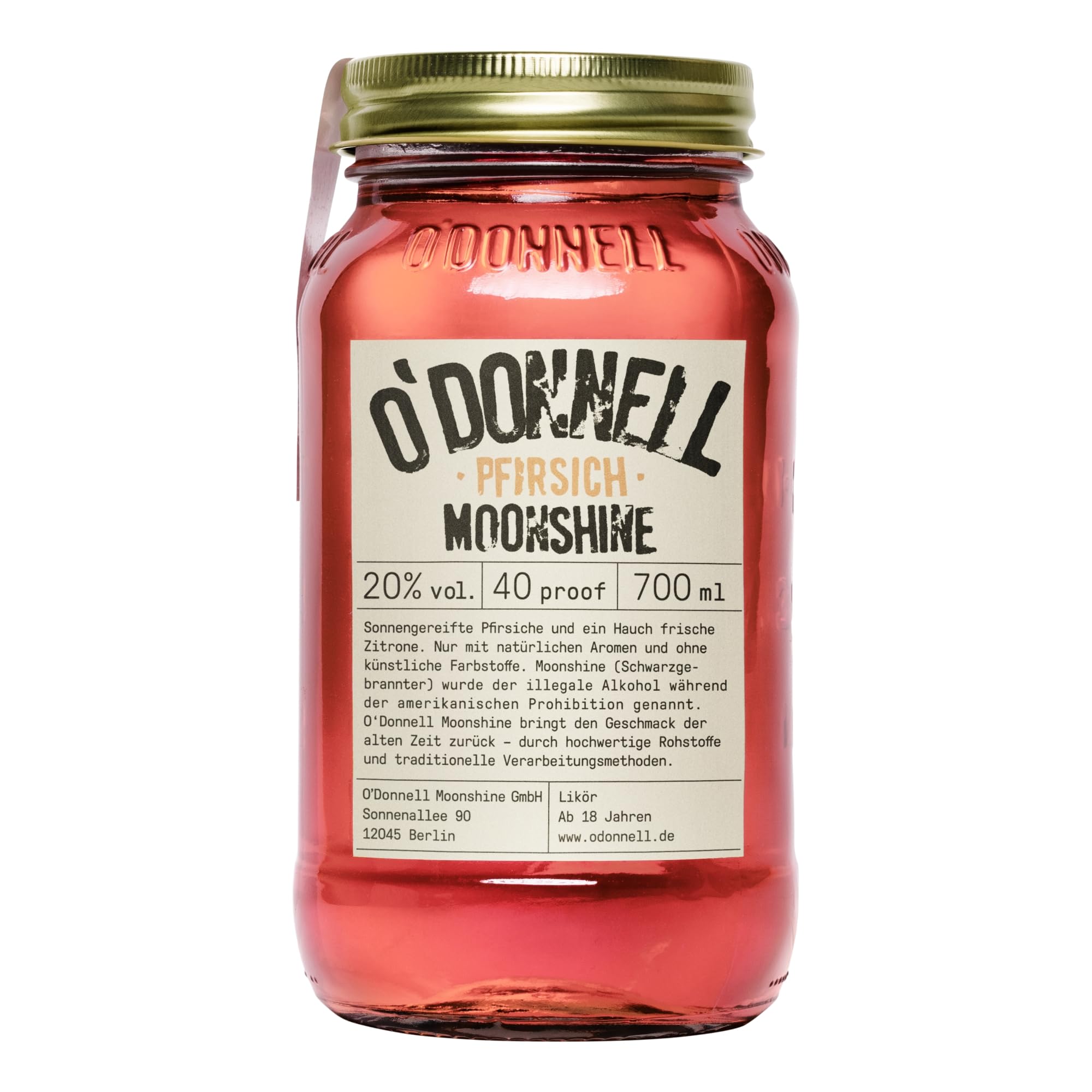 O'Donnell Moonshine - Pfirsich Likör (700ml) - Handwerklich hergestellte Spirituosen aus Berlin - Sommer Edition - 20% Vol. Alkohol