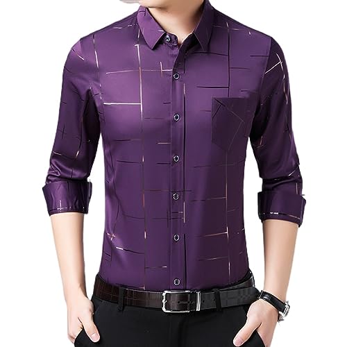 WINDEHAO Herren-Hemd aus Eisseide lässig mit Bronzierung Bedruckt 2023 Herbst mittleres Alter langärmeliges Hemd lässiges Button-Down-Luxus-formelles Hemd (Purple,170/L)