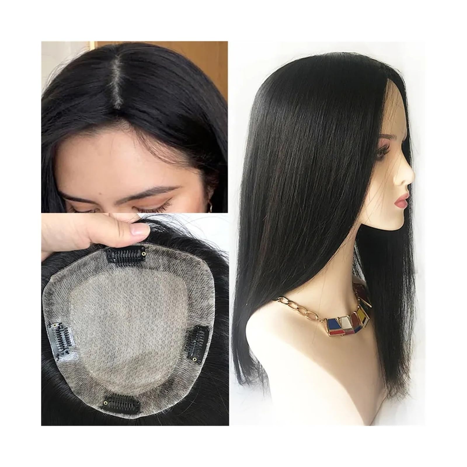 Haartopper für Frauen Haar-Topper for Frauen, Echthaarteile mit Seidenhautbasis und 2 cm PU-Umrandung, mit Clips in langen, geraden, handgebundenen Topper for Frauen mit schütterem Haar Haarteil Toppe