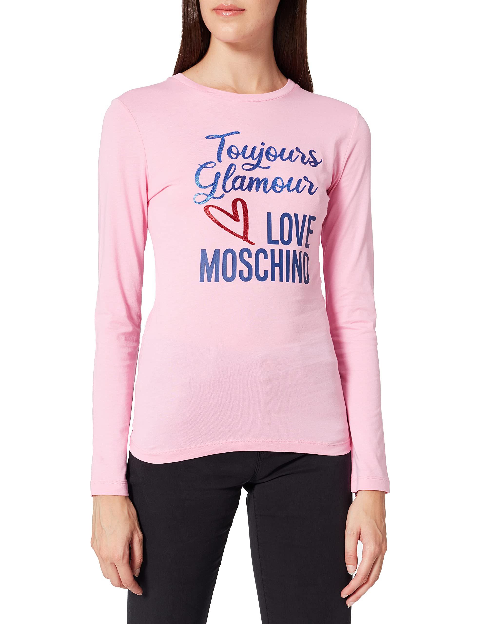 Love Moschino Womens Fitted Long Sleeve 30/1 Cotton Jersey. Customized with Glitter Print of Seasonal Slogan and Logo. T-Shirt, Rosa, 36