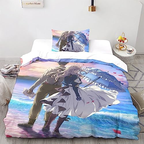 UKALOU Violet Evergarden 3-Piece Duvet Cover Set - 3D Printed Comforter Cover with Hidden Zipper Closure, Microfiber Anime Bedding Set with Pillowcases for A Cozy Night's Sleep Single（135x200cm）