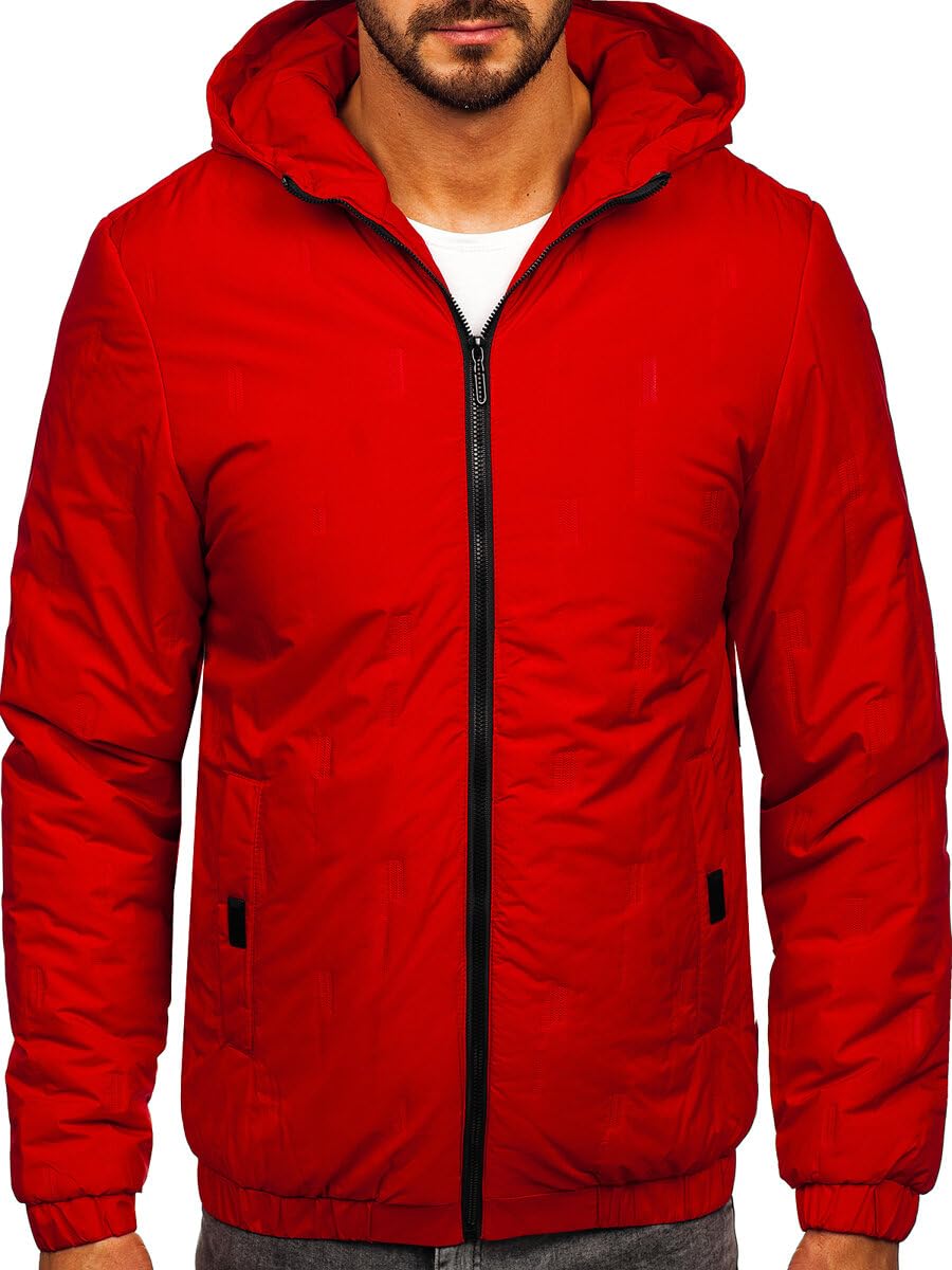 BOLF Herren Übergangsjacke mit Kapuze Regenjacke Funktionsjacke Steppjacke Reißverschluss Outdoorjacke Schuljacke Classic Hoodie Freizeitjacke Outdoor Style 5M3116 Rot L [4D4]