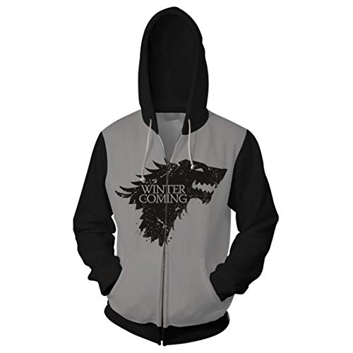 QYIFIRST Unisex Anime 3D Druck Kapuzenpullover Game Thrones Haus Stark Winter is Coming Reißverschluss Sweatjacke Grau L (Brustumfang 110cm)